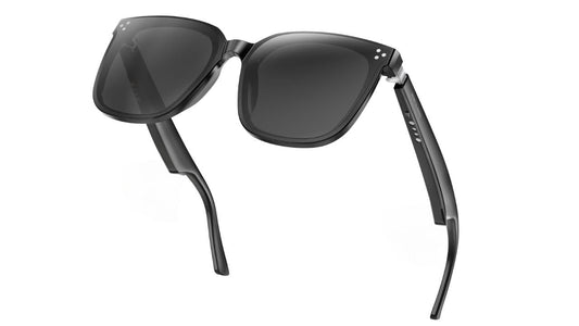 Black sunglasses with a sleek design , Australian eyewear with audio, feminist audio innovation, wearable tech, audio sunglasses designed for modern women