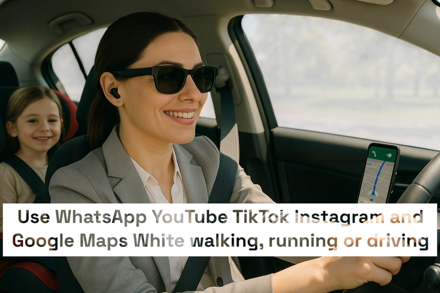 Woman driving a car with a child in the back seat, using technology,  wearable tech mums, stylish bluetooth eyewear Australia, mum-friendly gadgets, dual presence technology, what are the best podcasts for mums in Australia, Australian-made, Sustainable fashion Australia, Ethical clothing brand Australia