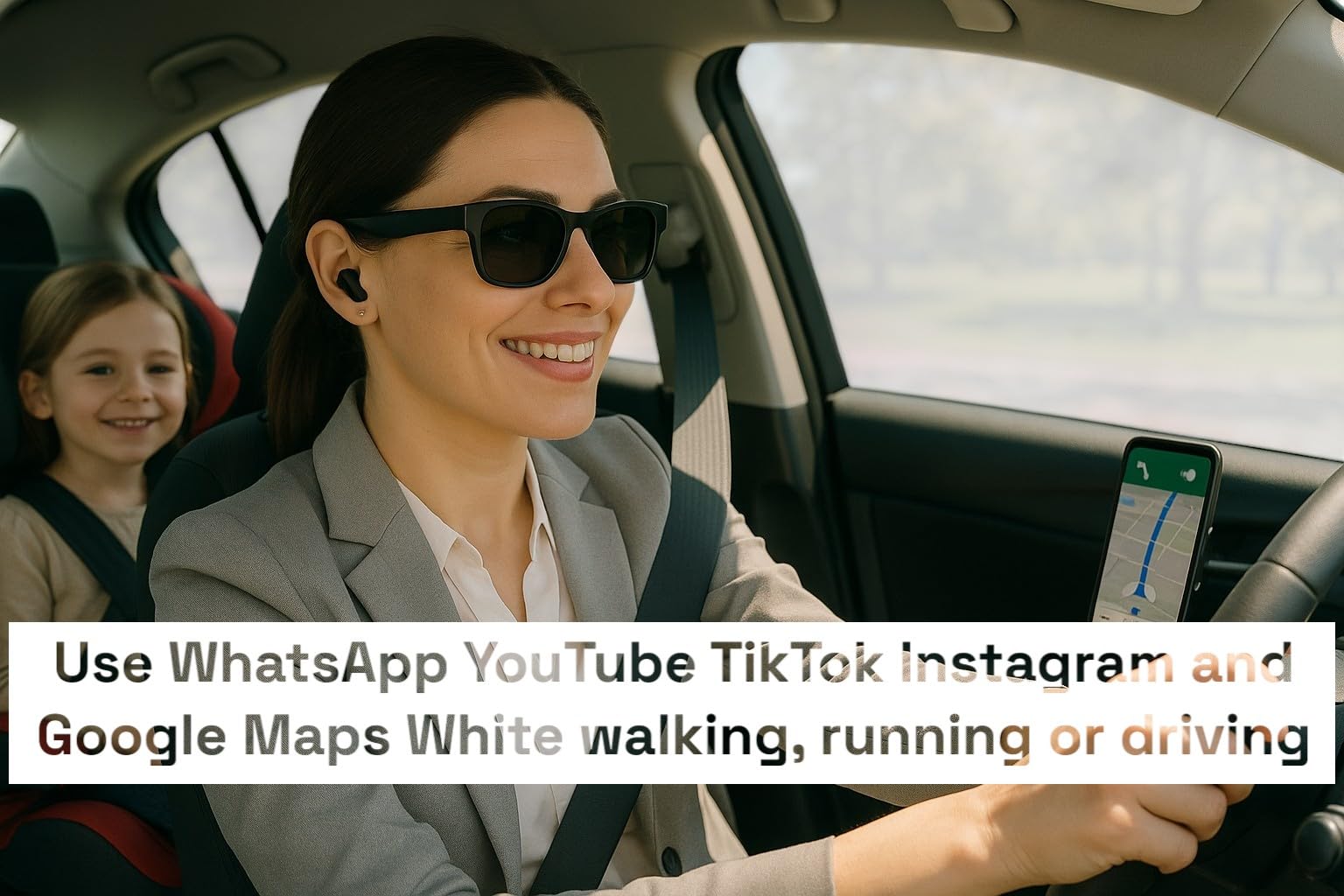 Woman driving a car with a child in the back seat, using technology,  wearable tech mums, stylish bluetooth eyewear Australia, mum-friendly gadgets, dual presence technology, what are the best podcasts for mums in Australia, Australian-made, Sustainable fashion Australia, Ethical clothing brand Australia