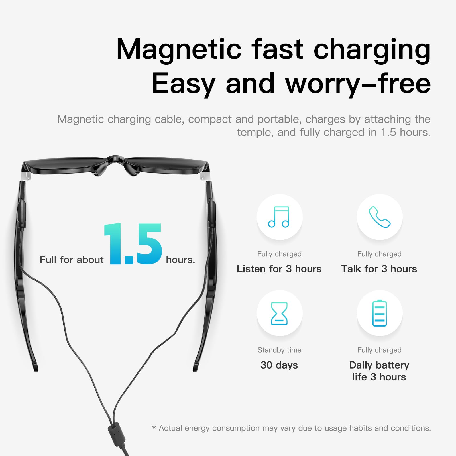 Glasses with a magnetic charging cable, showing charging time, stylish audio sunglasses made for multitasking Australian mums